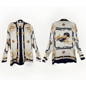 VTG Michelle Nichole 100% Silk Button Down Nautical Shirt Yacht Book Reader Luxe